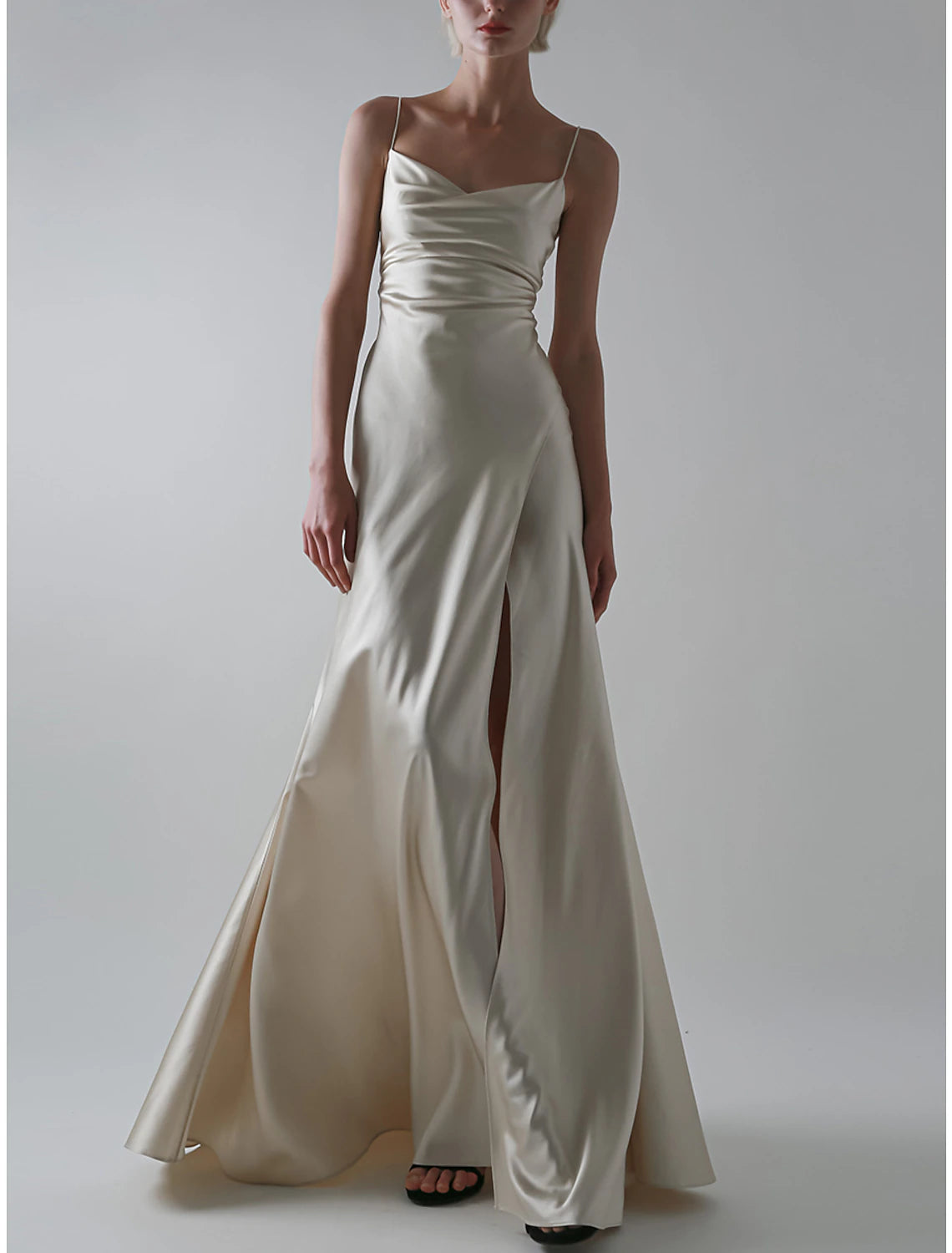 A-Line Evening Gown Sexy Dress Wedding Guest Prom Floor Length Sleeveless Spaghetti Strap Satin with Slit Pure Color 2025